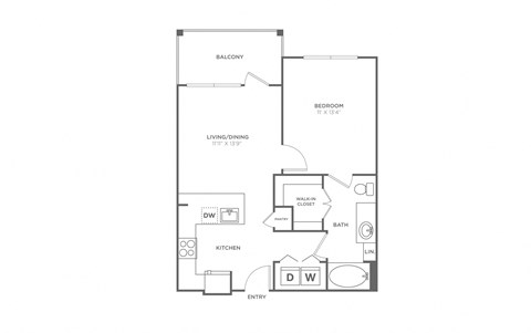 Floor plan for 1 bed, 1 bath, 637 sqft